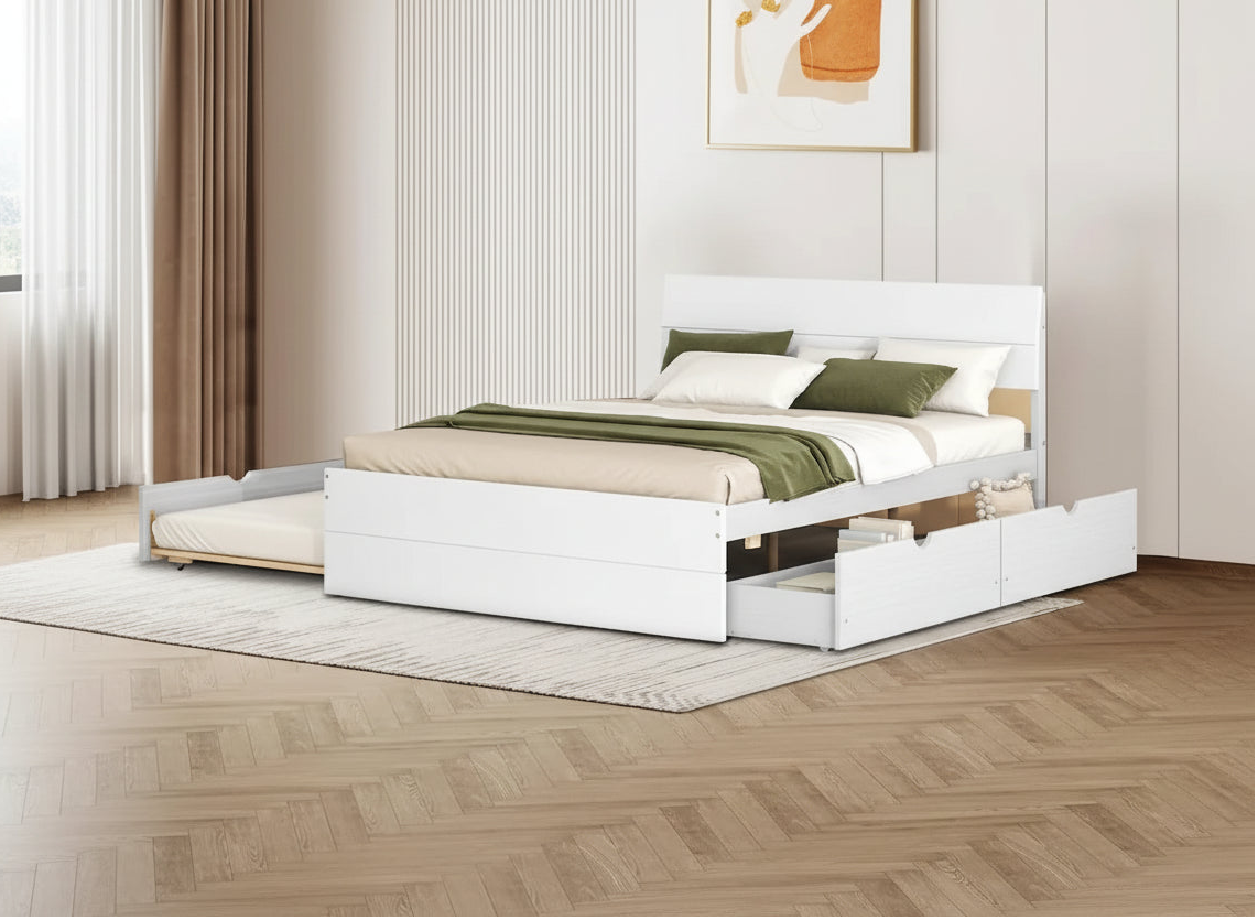 Modern Farmhouse Style Wooden Full Size Platform Bed Frame with Twin Size Trundle Bed