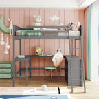 Full Size Loft Bed with Shelves and Desk, Wooden Full Loft Bed Frame with Desk