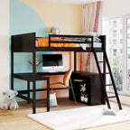 Full Size Loft Bed with Shelves and Desk, Wooden Full Loft Bed Frame with Desk