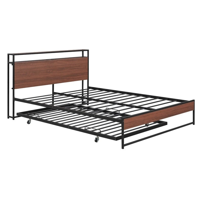 Queen Size Metal Platform Bed with Trundle,USB Ports,No Box Spring Needed