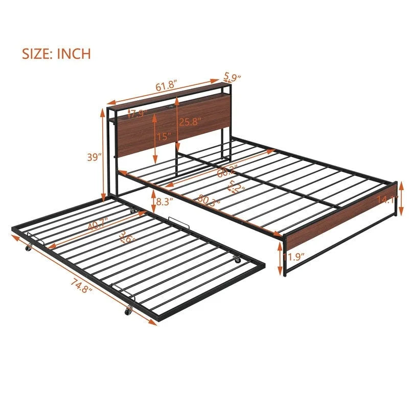 Queen Size Metal Platform Bed with Trundle,USB Ports,No Box Spring Needed