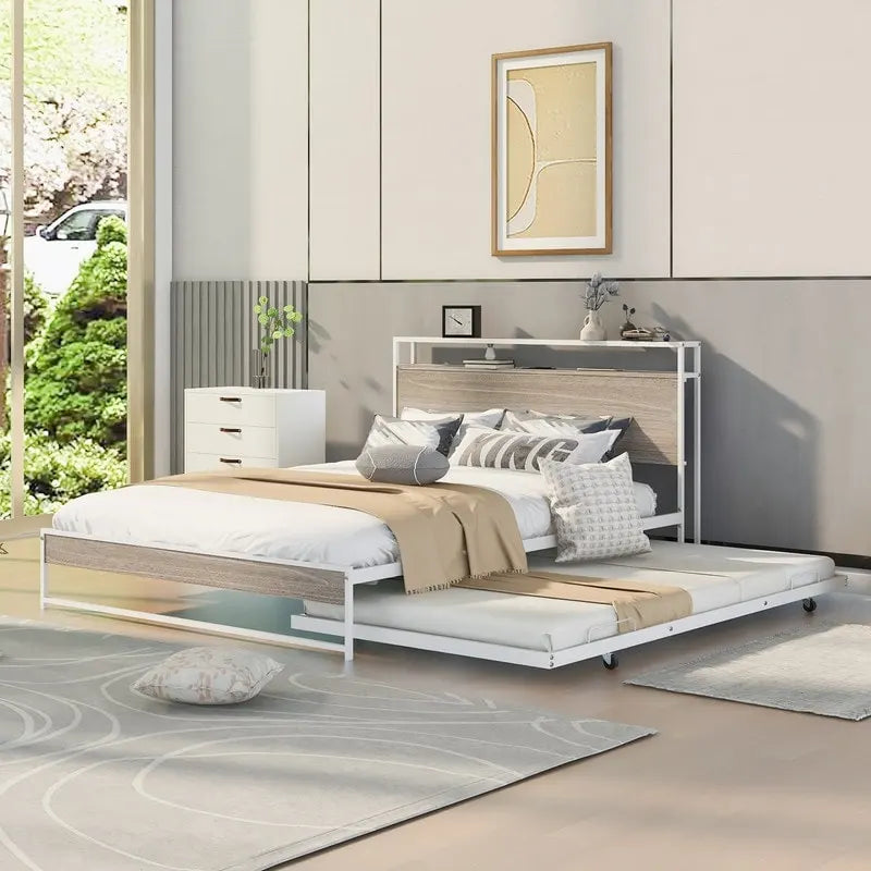 Queen Size Metal Platform Bed with Trundle,USB Ports,No Box Spring Needed