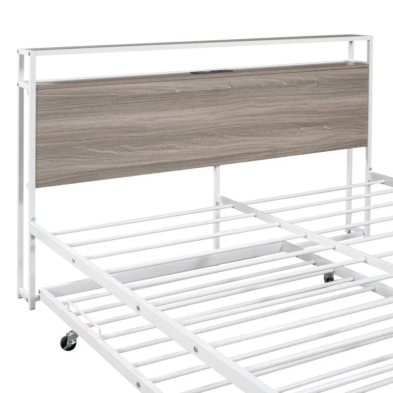 Queen Size Metal Platform Bed with Trundle,USB Ports,No Box Spring Needed