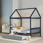 Pine Full House Bed with Canopy, Trundle, and Roof