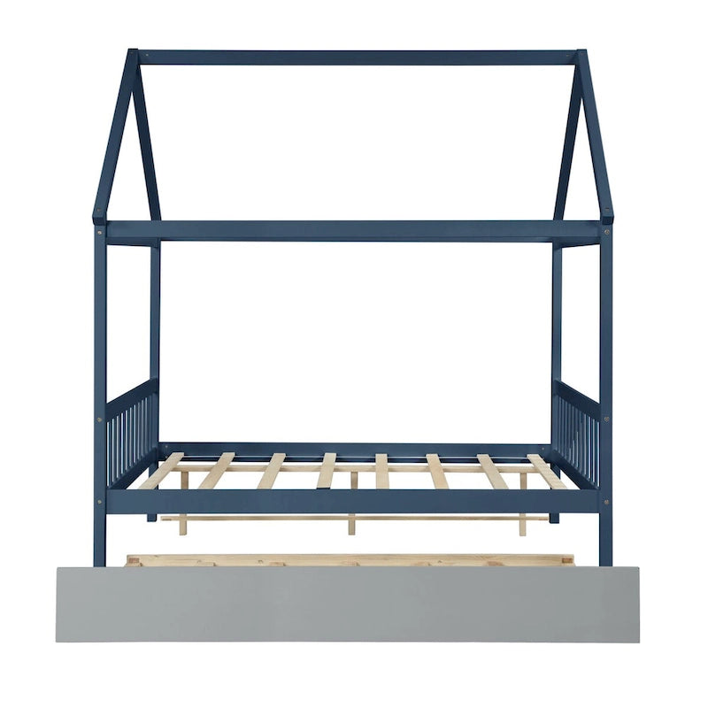 Pine Full House Bed with Canopy, Trundle, and Roof