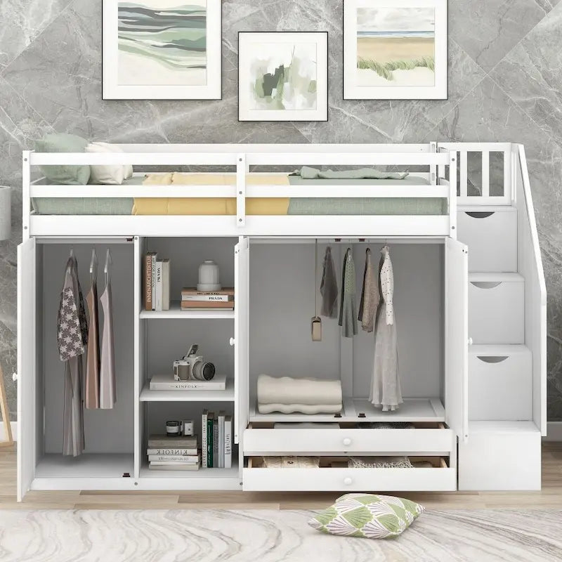 Functional Loft Bed with 3 Shelves, 2 Wardrobes and 2 Drawers, Ladder with Storage, No Box Spring Needed
