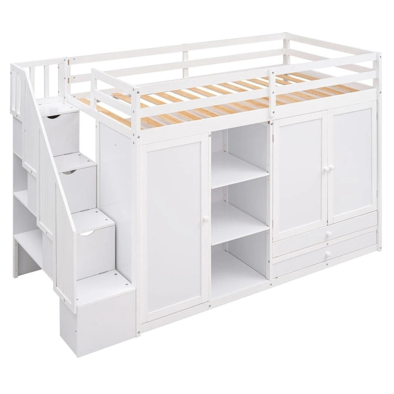 Functional Loft Bed with 3 Shelves, 2 Wardrobes and 2 Drawers, Ladder with Storage, No Box Spring Needed