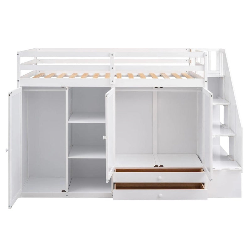 Functional Loft Bed with 3 Shelves, 2 Wardrobes and 2 Drawers, Ladder with Storage, No Box Spring Needed