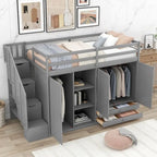 Functional Loft Bed with 3 Shelves, 2 Wardrobes and 2 Drawers, Ladder with Storage, No Box Spring Needed