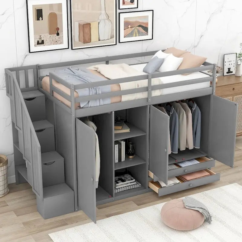 Functional Loft Bed with 3 Shelves, 2 Wardrobes and 2 Drawers, Ladder with Storage, No Box Spring Needed