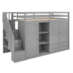 Functional Loft Bed with 3 Shelves, 2 Wardrobes and 2 Drawers, Ladder with Storage, No Box Spring Needed