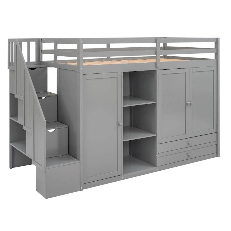 Functional Loft Bed with 3 Shelves, 2 Wardrobes and 2 Drawers, Ladder with Storage, No Box Spring Needed