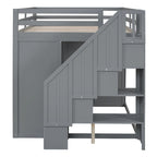 Full Size Wood Loft Bed With Built-in Wardrobes