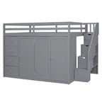 Full Size Wood Loft Bed With Built-in Wardrobes
