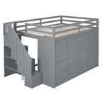 Full Size Wood Loft Bed With Built-in Wardrobes