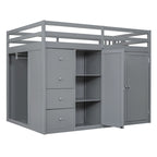 Full Size Wood Loft Bed With Built-in Wardrobes