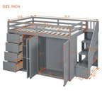 Full Size Wood Loft Bed With Built-in Wardrobes