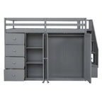 Full Size Wood Loft Bed With Built-in Wardrobes