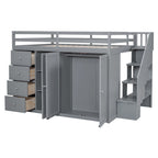 Full Size Wood Loft Bed With Built-in Wardrobes