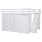 Full Size Wood Loft Bed With Built-in Wardrobes