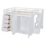 Full Size Wood Loft Bed With Built-in Wardrobes