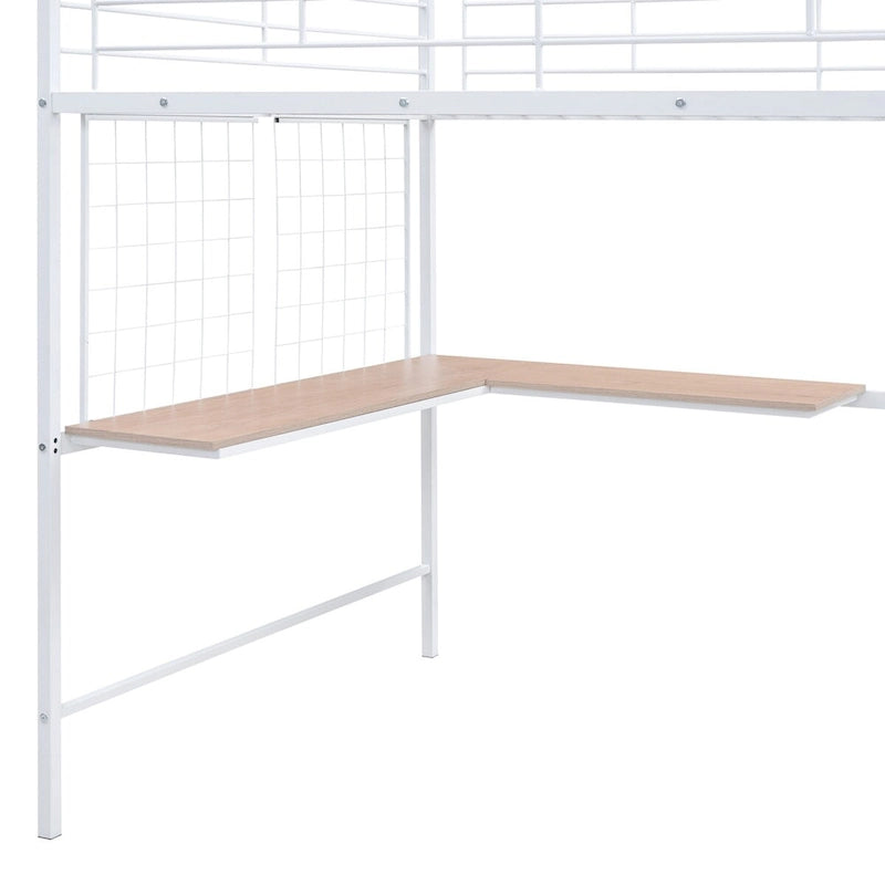 Full Size Metal Loft Bed with Desk and Metal Grid, Wardrobe