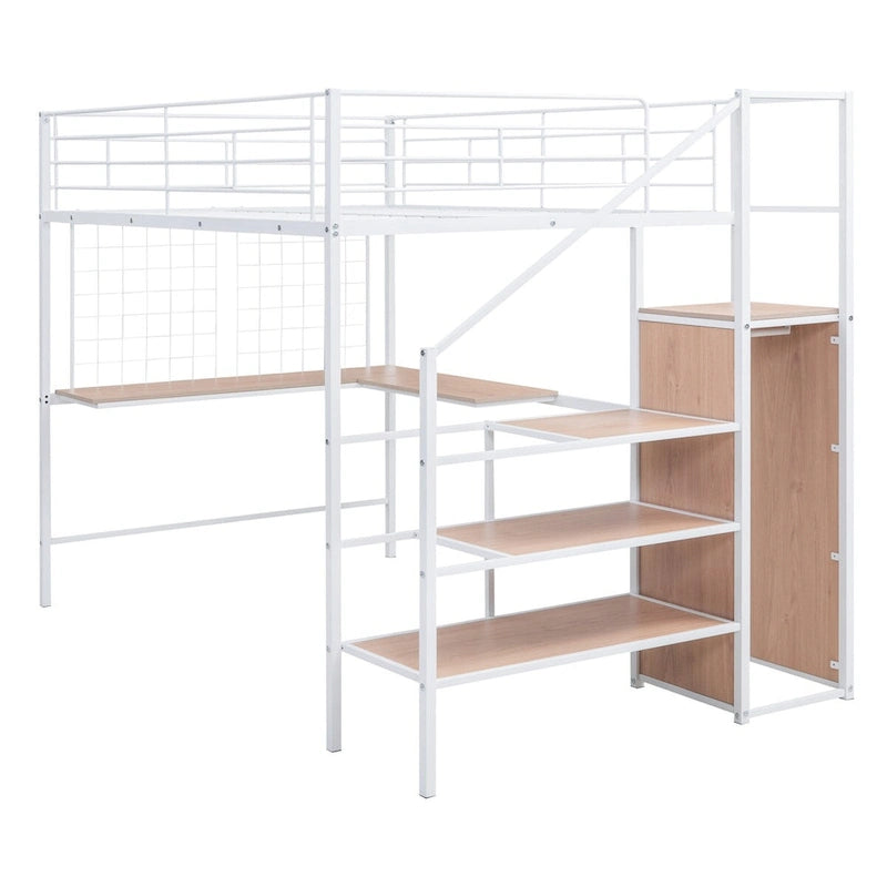 Full Size Metal Loft Bed with Desk and Metal Grid, Wardrobe