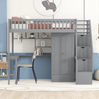 Twin size Loft Bed with Bookshelf,Drawers,Desk,and Wardrobe