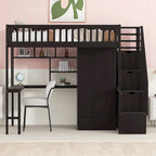 Twin size Loft Bed with Bookshelf,Drawers,Desk,and Wardrobe