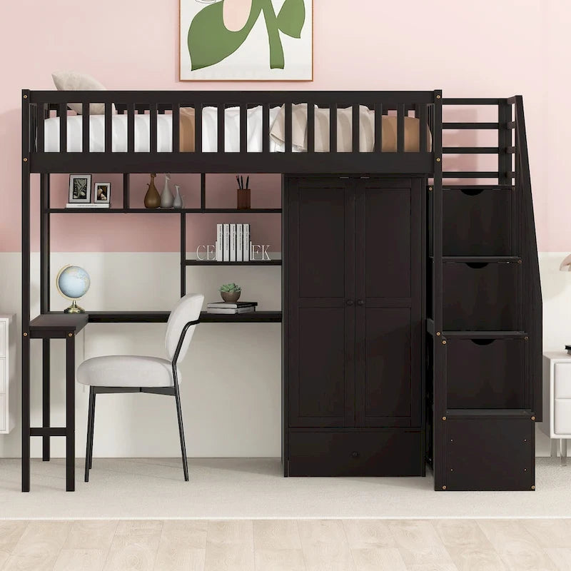Twin size Loft Bed with Bookshelf,Drawers,Desk,and Wardrobe