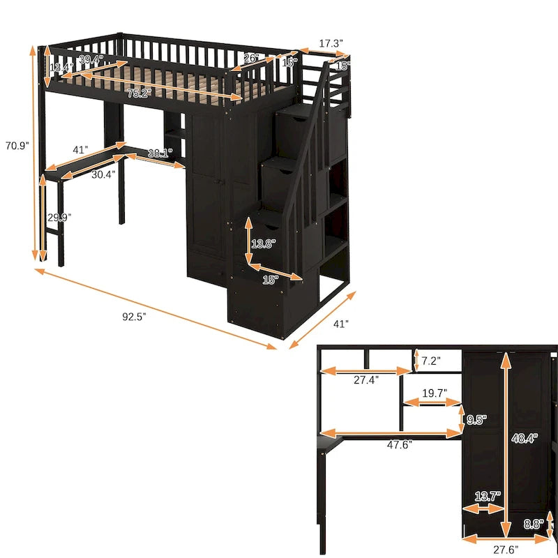 Twin size Loft Bed with Bookshelf,Drawers,Desk,and Wardrobe