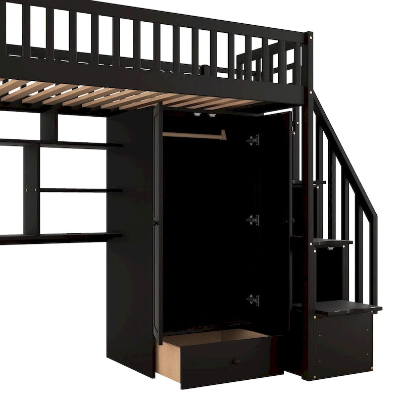 Twin size Loft Bed with Bookshelf,Drawers,Desk,and Wardrobe