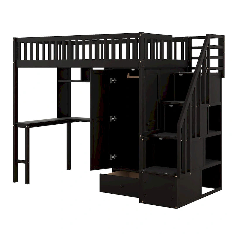 Twin size Loft Bed with Bookshelf,Drawers,Desk,and Wardrobe