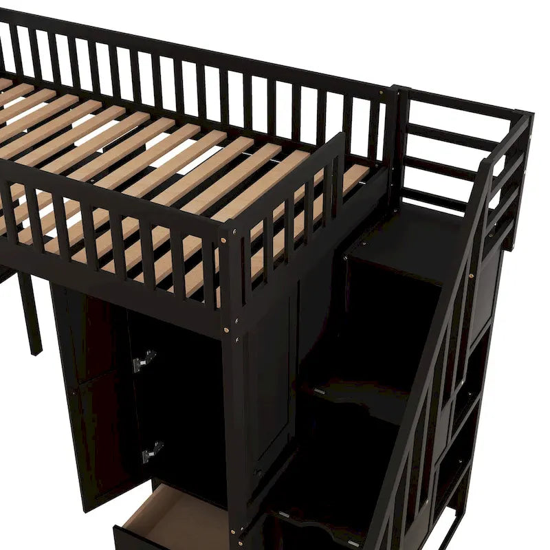 Twin size Loft Bed with Bookshelf,Drawers,Desk,and Wardrobe