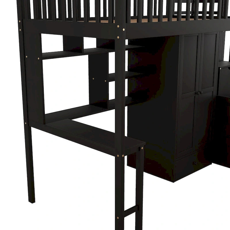 Twin size Loft Bed with Bookshelf,Drawers,Desk,and Wardrobe
