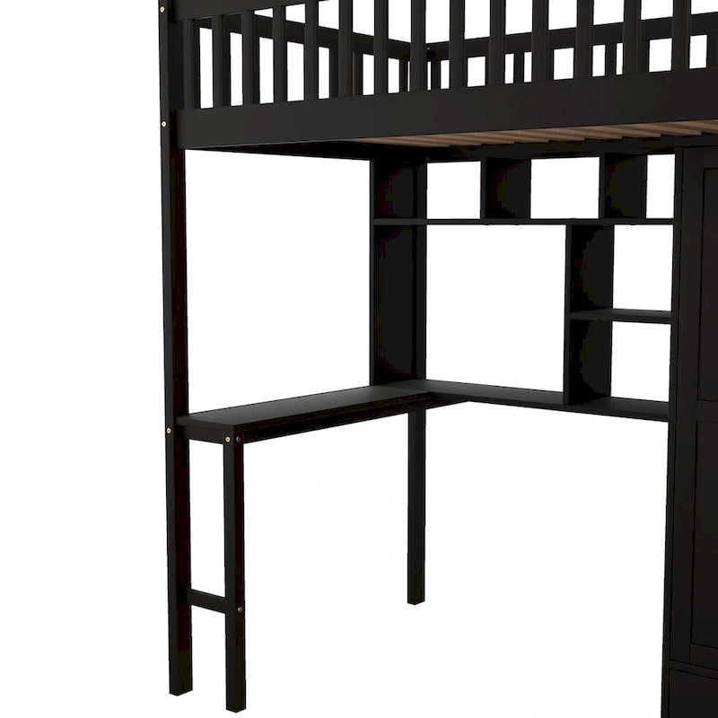 Twin size Loft Bed with Bookshelf,Drawers,Desk,and Wardrobe
