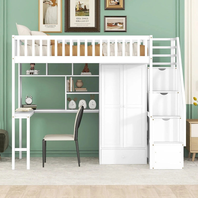 Twin size Loft Bed with Bookshelf,Drawers,Desk,and Wardrobe