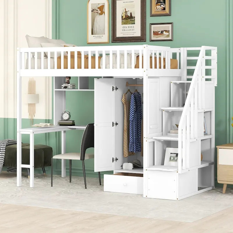 Twin size Loft Bed with Bookshelf,Drawers,Desk,and Wardrobe