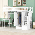 Twin size Loft Bed with Bookshelf,Drawers,Desk,and Wardrobe