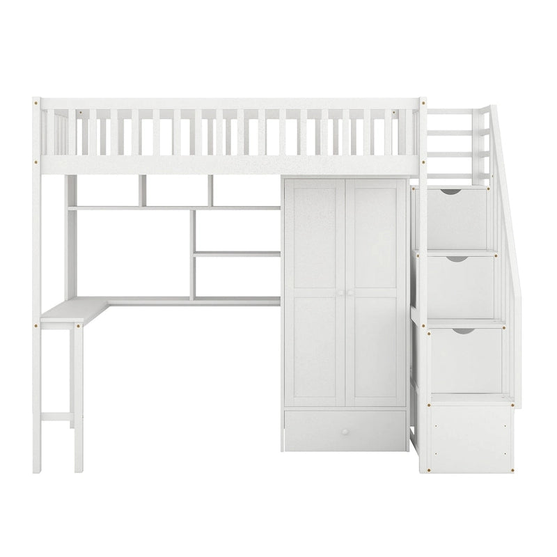 Twin size Loft Bed with Bookshelf,Drawers,Desk,and Wardrobe