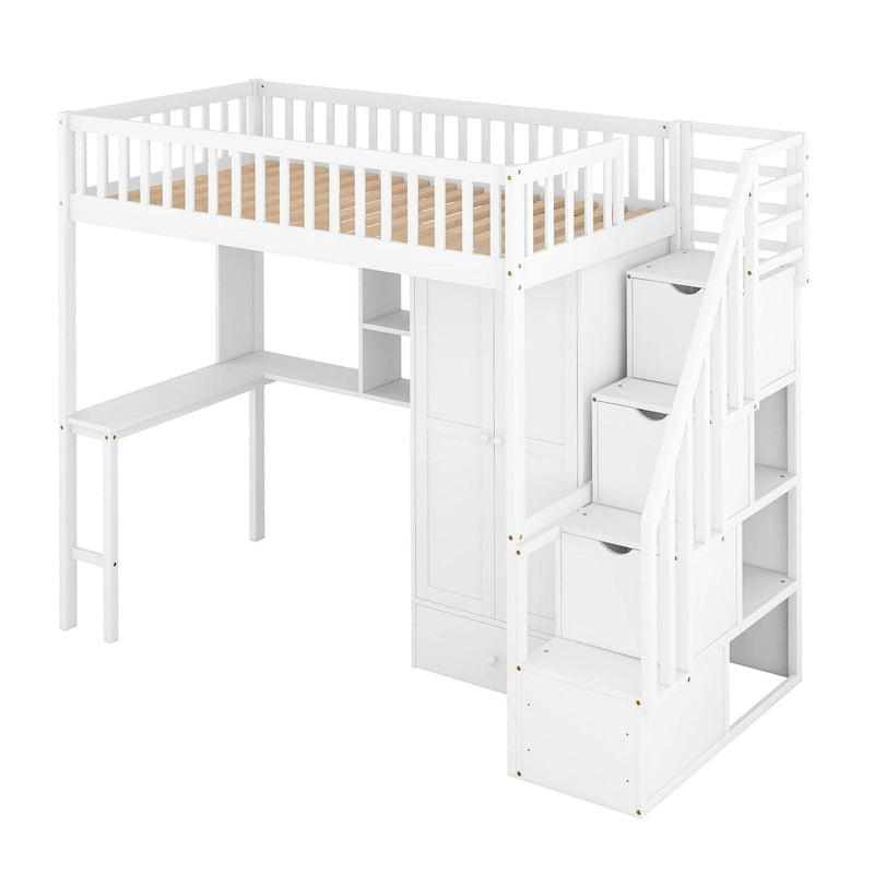 Twin size Loft Bed with Bookshelf,Drawers,Desk,and Wardrobe