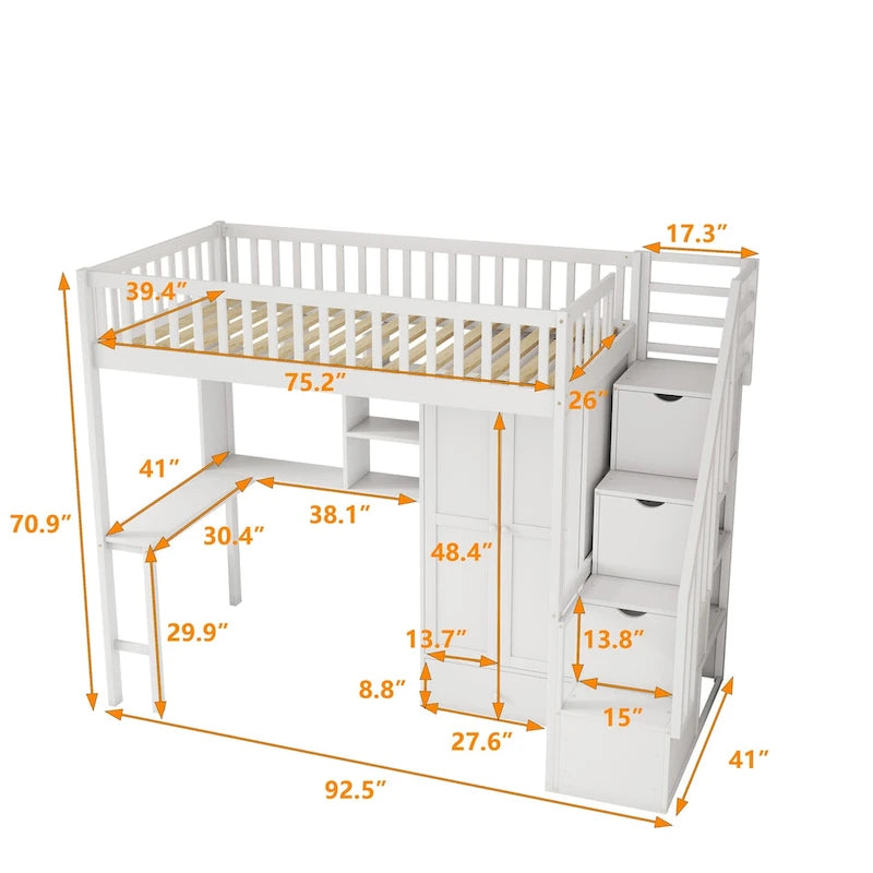 Twin size Loft Bed with Bookshelf,Drawers,Desk,and Wardrobe