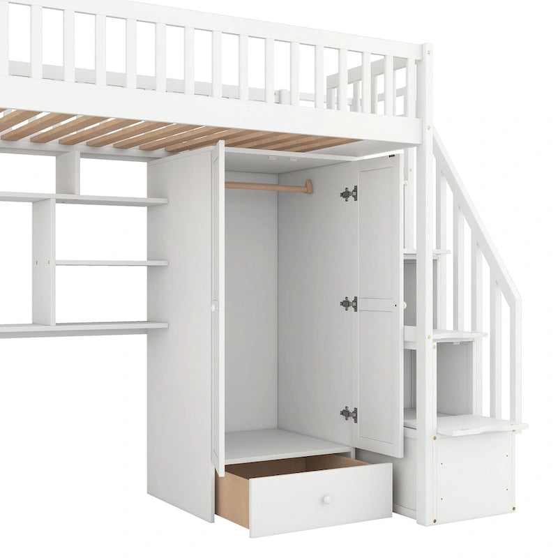 Twin size Loft Bed with Bookshelf,Drawers,Desk,and Wardrobe