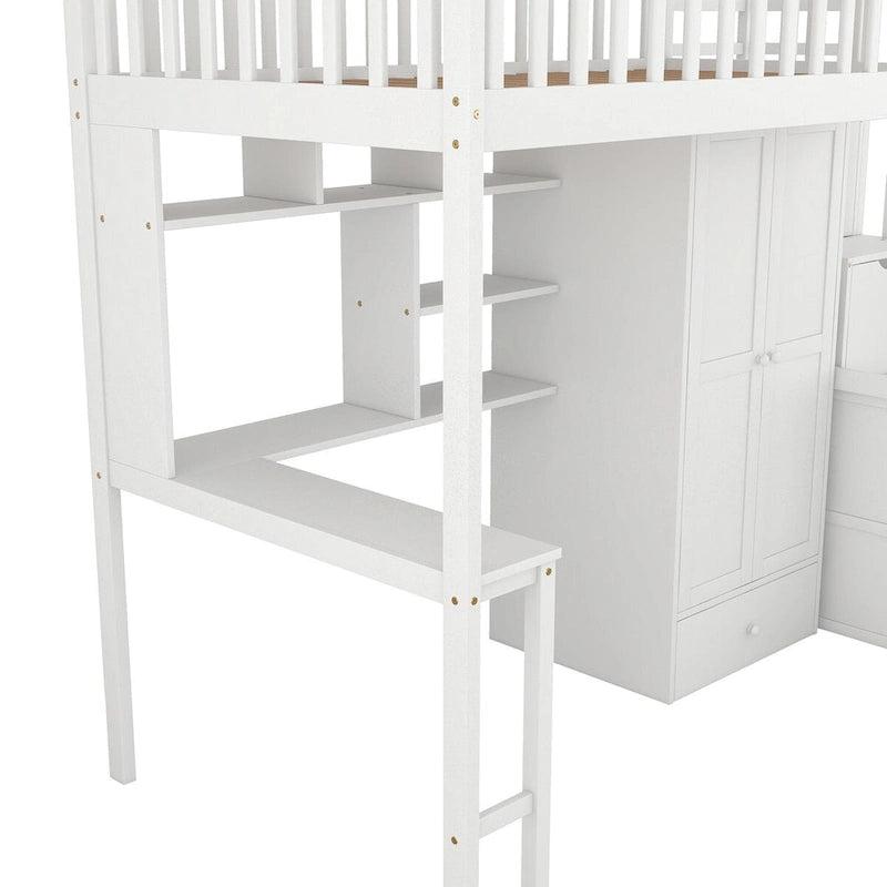 Twin size Loft Bed with Bookshelf,Drawers,Desk,and Wardrobe