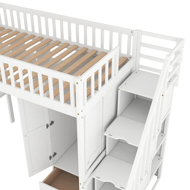 Twin size Loft Bed with Bookshelf,Drawers,Desk,and Wardrobe