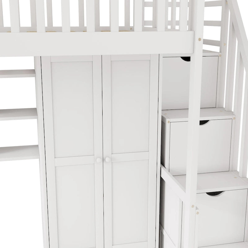 Twin size Loft Bed with Bookshelf,Drawers,Desk,and Wardrobe
