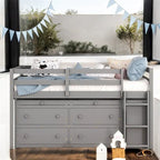 Full Size Wood Loft Bed with Retractable Writing Desk and 4 Drawers