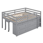 Full Size Wood Loft Bed with Retractable Writing Desk and 4 Drawers