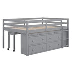 Full Size Wood Loft Bed with Retractable Writing Desk and 4 Drawers