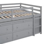 Full Size Wood Loft Bed with Retractable Writing Desk and 4 Drawers